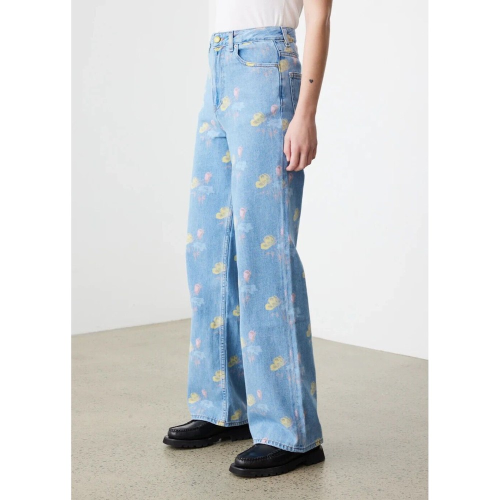 GANNI Floral Print Denim Core Magny Wide Straight Jeans Bleach Light Blue 25 - Picture 2 of 15